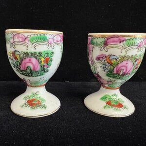 Pair of Antique asian painted Medallion Egg Cups asian back stamp - B1355